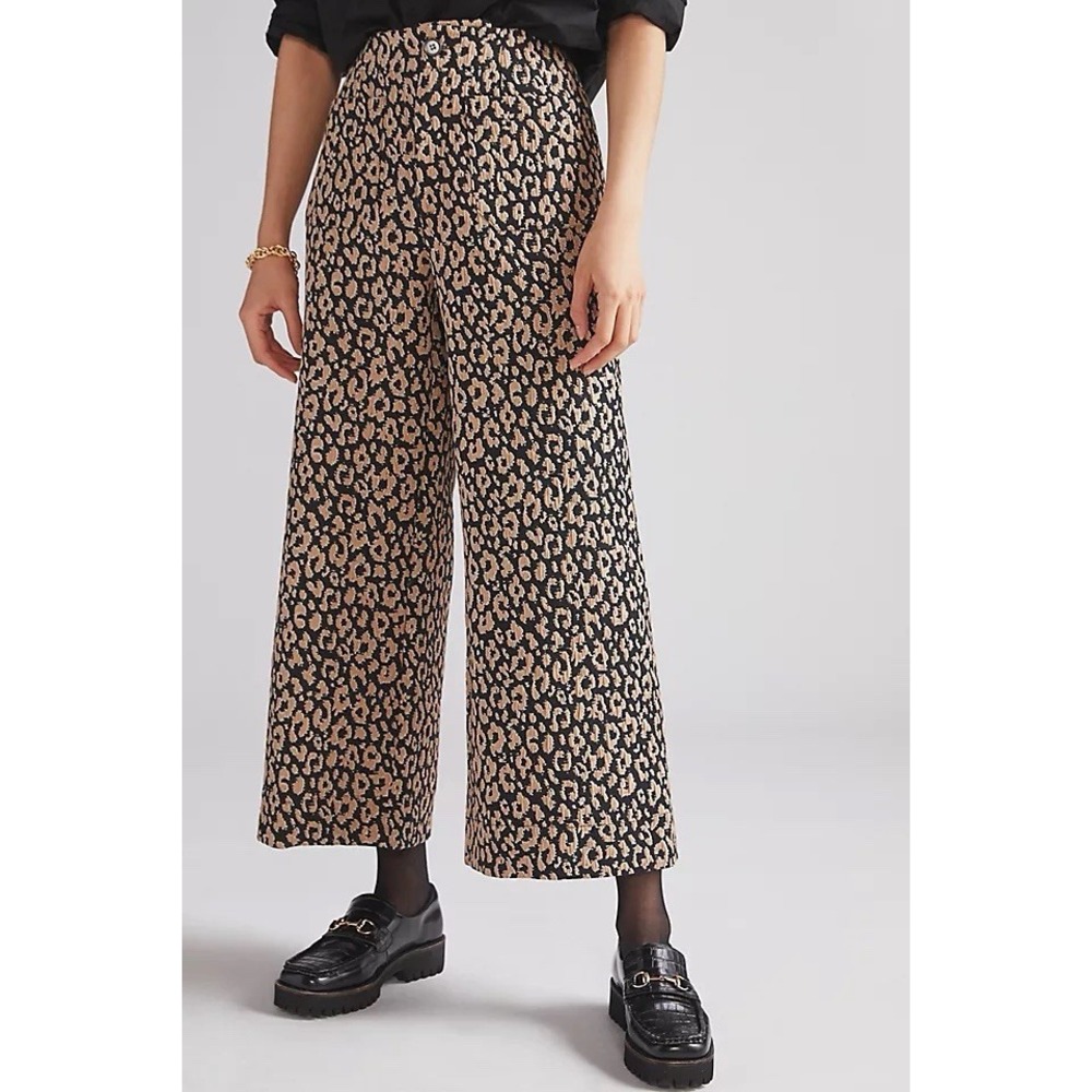 Maeve Anthropologie Pants Leopard Brocade Wide Leg Crop Trouser Tan Black